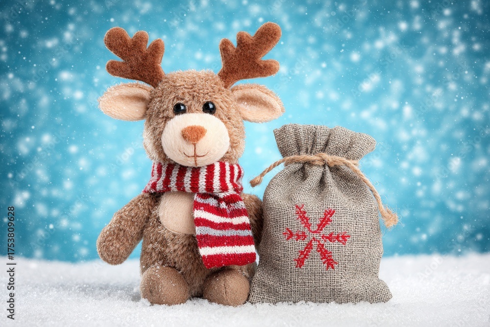 A soft reindeer plush toy wearing a red and white striped scarf stands next to a burlap gift sack. The scene is set against a snowy blue background, creating a festive atmosphere.