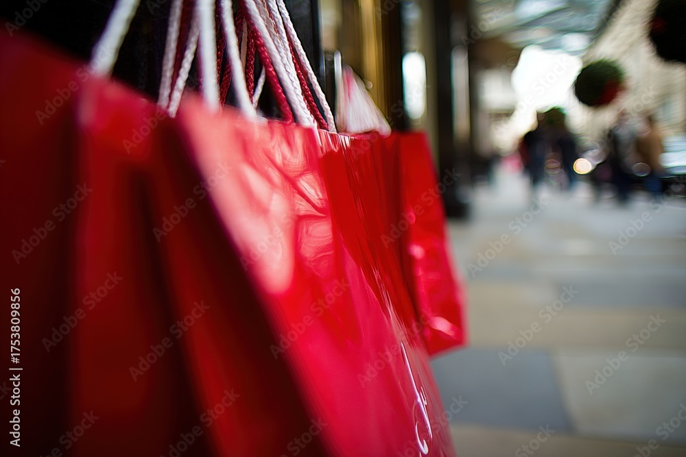 Red shopping bags are visible in the foreground as people walk along a bustling city street. The scene captures the vibrant atmosphere of a shopping district during a busy time.