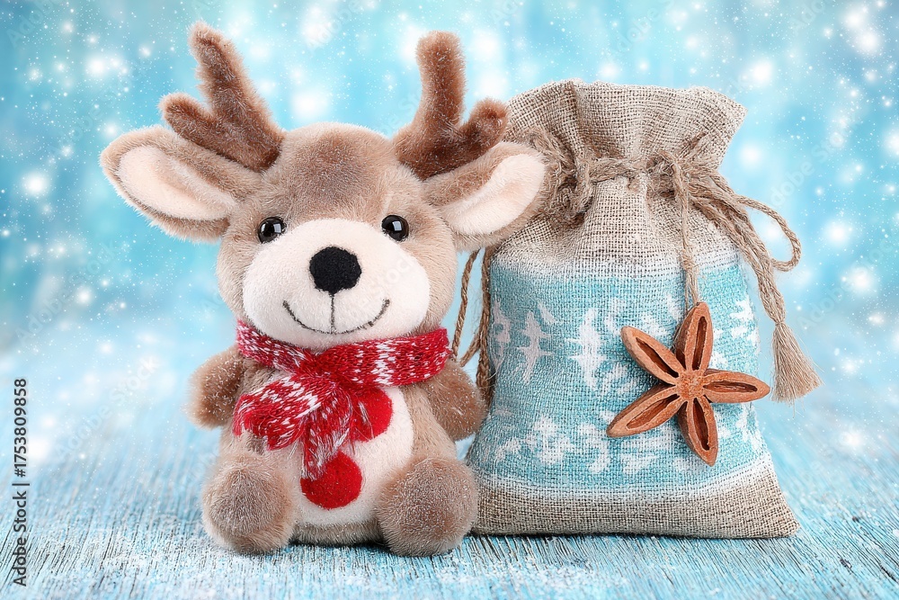A soft reindeer plush sits beside a decorative sack, featuring a snowflake design. The background is a wintery blue with a snow-like effect, creating a cozy holiday atmosphere.