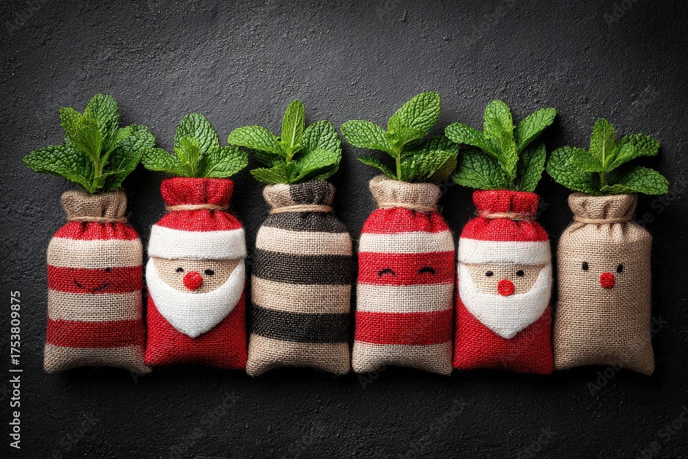 Colorful decorative bags feature cheerful designs and are filled with mint plants. This display creates a festive atmosphere, perfect for holiday decorations and gifting ideas.