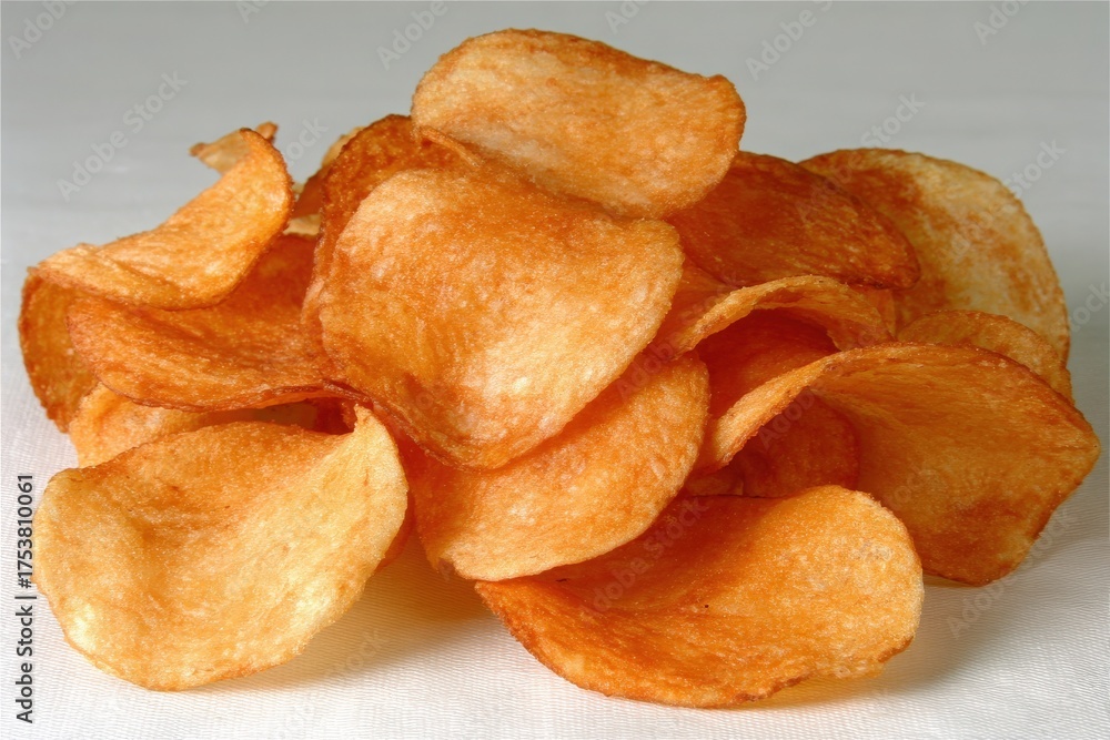 Golden brown potato chips are piled high on a light-colored surface. Each chip has a crispy texture, inviting munching. Perfect for snacks or gatherings, they add a delightful crunch.
