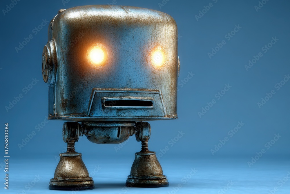 A vintage robot with a metallic finish and glowing eyes stands on a smooth blue surface. Its design features rounded shapes and a charming, classic look that evokes nostalgia.