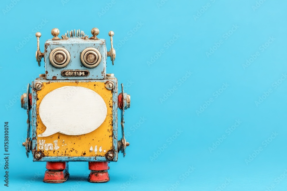 A vintage robot toy is positioned against a bright blue background. The robot features a rusty design with a yellow body and expressive eyes. It includes a blank speech bubble for text.