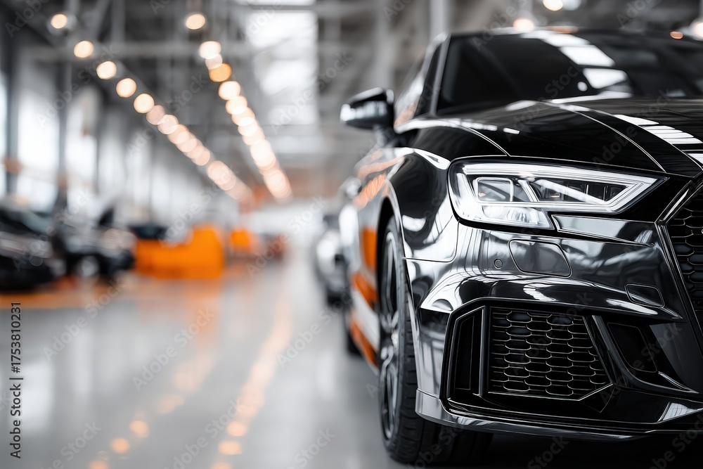 A stunning black sports car is parked in a contemporary auto showroom. The well-lit space highlights its sleek design and shiny surfaces, while other vehicles are blurred in the background.
