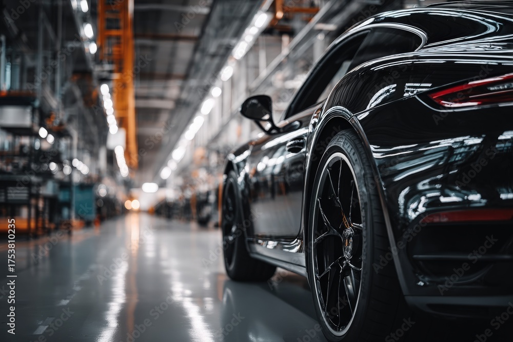 A shiny black sports car stands on a polished floor inside a spacious industrial workshop. The bright lights above illuminate the modern setting, creating an atmosphere of innovation and style.