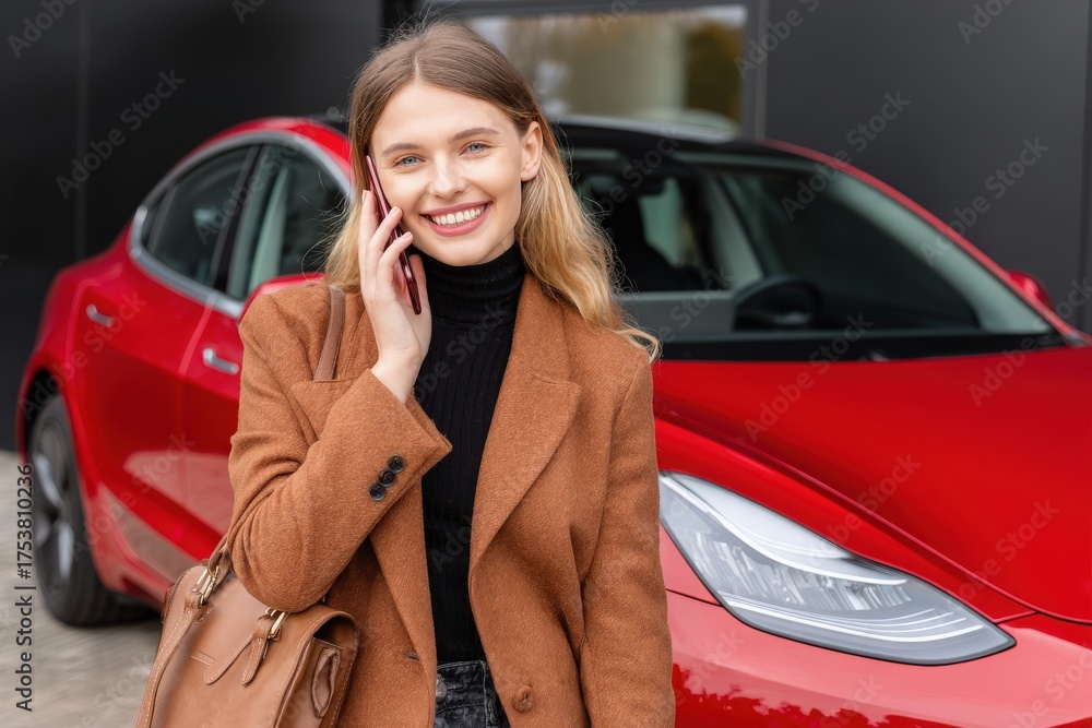 A woman stands near a bright red car, smiling and talking on her phone. She wears a stylish brown coat and has long, wavy hair. The car stands in a modern dealership setting.