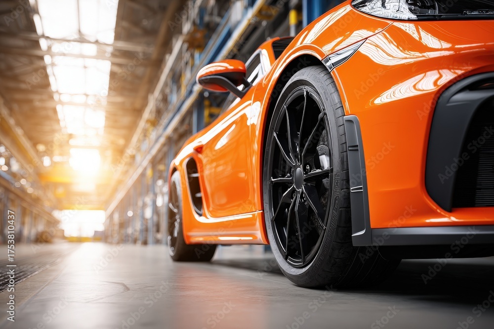 A bright orange sports car sits in a modern workshop, highlighting its sleek curves and high-performance wheels. Sunlight streams through the workshop, creating a dynamic atmosphere.