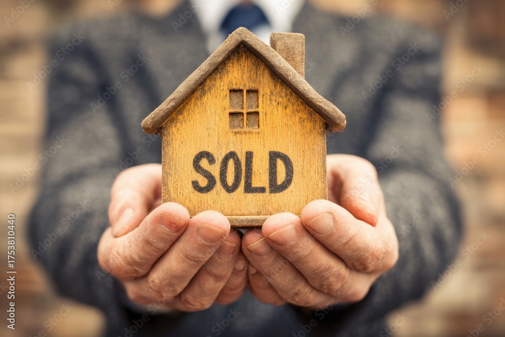 A man in a suit holds a small wooden house model with a SOLD sign in front of a blurred background. He smiles, indicating a successful real estate transaction in a modern setting.