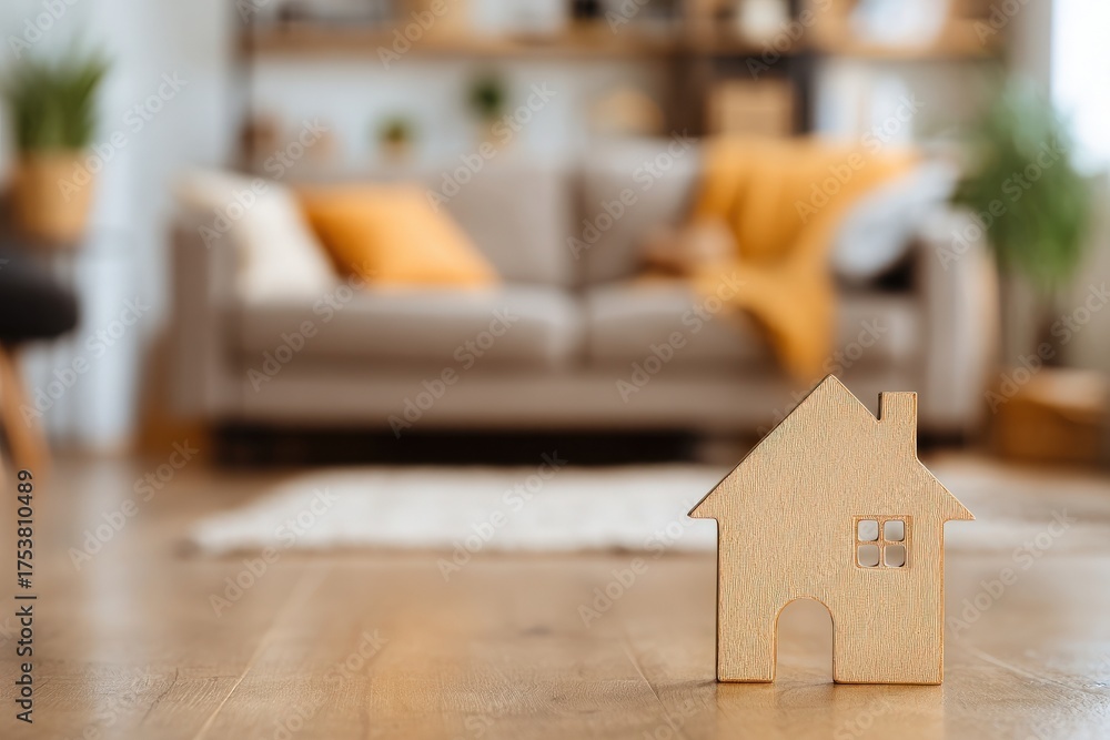 A wooden house model sits on the floor of a cozy living room. The space features a comfortable sofa with decorative pillows and a stylish rug. Natural light fills the room.