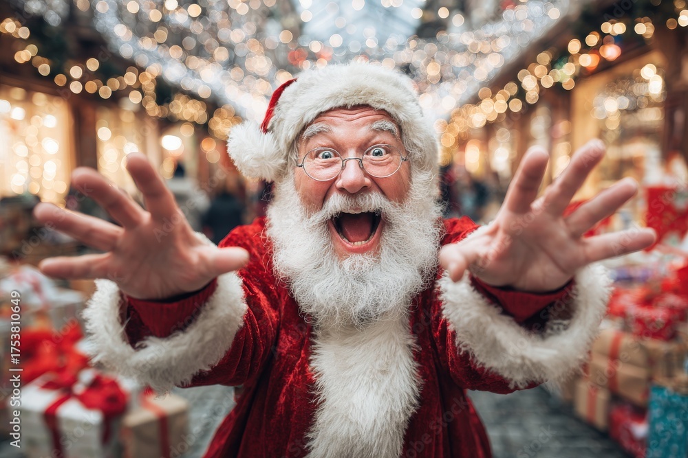 A friendly Santa Claus stands in a decorated area filled with holiday lights and gifts. He smiles widely, reaching out his hands to greet joyful visitors during a cheerful seasonal celebration.