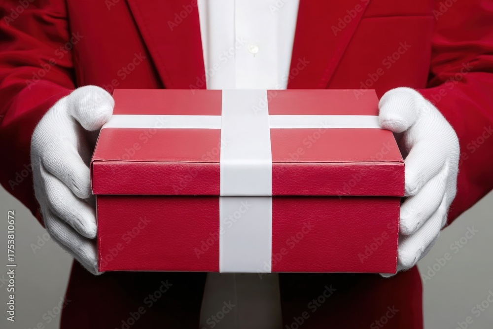 A person dressed in a bright red suit and white gloves holds a vibrant red gift box adorned with a white ribbon.