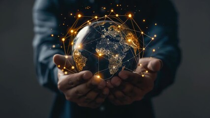 Wall Mural - A person holding a globe surrounded by digital sparkles.