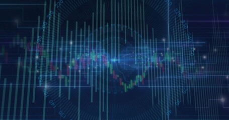 Wall Mural - Showing abstract financial chart on digital dashboard with candlestick bars, bar lines, radial grid