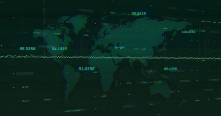 Wall Mural - Digital world map silhouette showing metrics in virtual dashboard, with glowing line chart