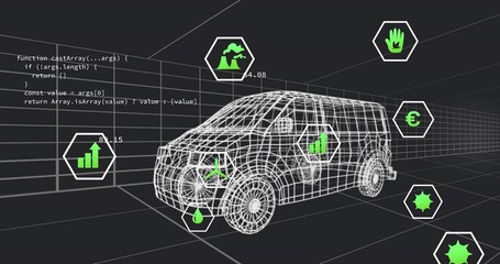 Wall Mural - Displaying 3D wireframe van model rotating in dark grid workspace, with hex icons and code snippet