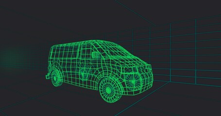 Wall Mural - Displaying neon green wireframe van model in 3D modeling workspace, with teal grid lines