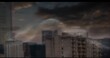 © vectorfusionart - Floating semi-transparent data wave above dusk skyline in cloudy sky, with high-rise buildings