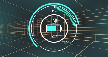 Wall Mural - Circular gauge UI showing 68% battery charging in digital wireframe corridor with Eco Power labels