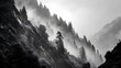 © Jojo* - Moody mountain valley with misty evergreen trees and rocky slopes.