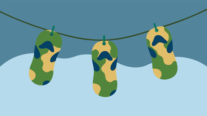 Vector art of camouflage flip flops hanging on a rope against a blue background, perfect for summer vacation or beach themed designs