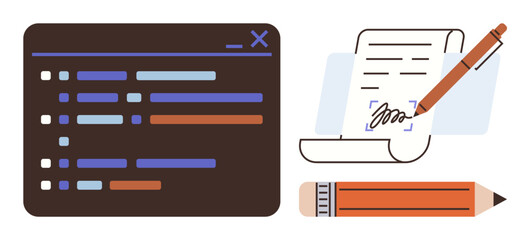 Brown code editor interface next to a digital document with a pen, pencil, and handwritten mark. Ideal for coding, digital collaboration, software development, writing, education, creativity simple