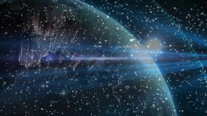 Wall Mural - Purple beam sweeping across mesh causing sphere rotating and data points scattering to reveal Earth