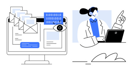 Wall Mural - Desktop with emails, eye, and binary code screen for cybersecurity paired with headset user on laptop suggesting remote IT support. Ideal for cybersecurity, remote work, monitoring, IT support, data