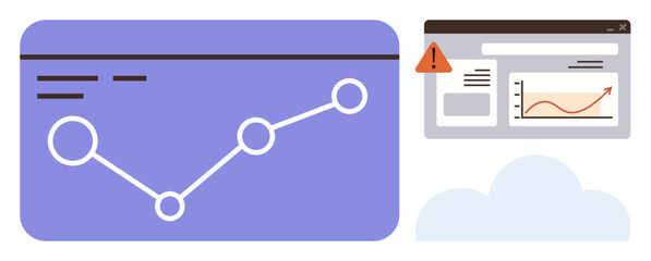 Line graph with data points, browser warning sign, and cloud icon. Ideal for analytics, cloud services, data monitoring, risk management, forecasting, progress tracking simple flat metaphor