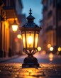 © Bintang - A glowing ornate lamp stands in a cobblestone street at dusk
