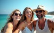 © wang - Group of happy people enjoy travel and summer holiday vacation together having fun under the sun - blue ocean water in background and sky - joyful adults smile with cheerful expressions. High quality