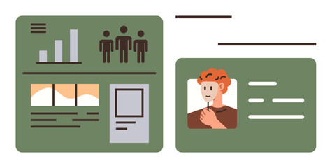 Analytics panel displaying charts, icons, text, and profile card with photo and details. Ideal for data analysis, user management, identity, UX design, reporting productivity tools simple flat