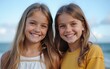 © ming - Lovable caucasian girls expressing positive emotions to camera. Outdoor photo of refined sisters posing on sky background. High quality