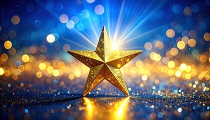 Wall Mural - Golden stars and brightly colored Christmas star ornaments shine on a dark or blue background