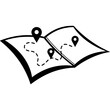 © MartArt26 - Sketchy emblem of a tourist route marked with dots on a paper map. Engraving minimalistic vector in black ink drawing on transparent background