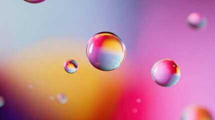 Wall Mural - Colorful droplets reflect light against a vibrant background, creating an artistic and mesmerizing visual effect.