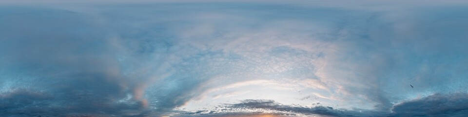 Wall Mural - Sunset sky with bright glowing pink Cumulus clouds. Seamless spherical HDR 360 panorama. Full zenith or sky dome in 3D, sky replacement for aerial drone panoramas. Climate and weather change.