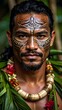 © safitri - Portrait of Polynesian man with traditional face markings and floral lei