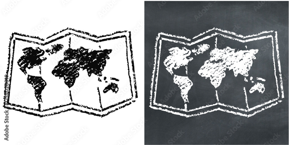 Chalk hand-drawn map icon vector. Ideal for navigation, location, and ...
