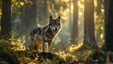 Majestic wolf standing proudly in a sunlit forest surrounded by lush greenery, with golden rays