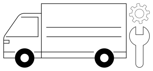 Wall Mural - Delivery truck alongside wrench and gear indicating repair, maintenance, and logistics. Ideal for transportation, cargo, service, support, tools mechanics and shipping concepts. Clean flat metaphor