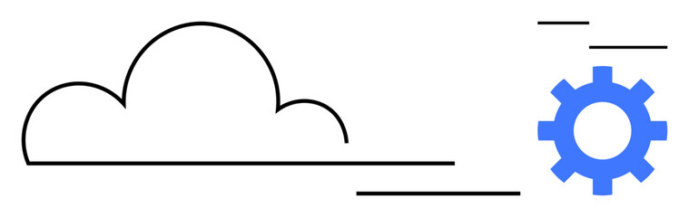 Wall Mural - Minimalist cloud outline with blue gear and dynamic lines representing innovation, data flow, and tech integration. Ideal for cloud computing, software development, automation, innovation, digital