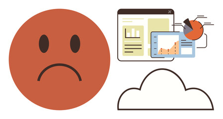 Sad face with data charts, graphs, and analytics software interface above a cloud. Ideal for concepts thumbs up system error, data mismanagement, cloud issues, frustration, tech dissatisfaction