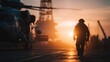 © busro - Technician Tracking Movement Toward Helicopter at Sunset Location