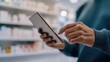 © D.APIWAT - Customer hand engaging with digital tablet for seamless online shopping and product information in modern pharmacy retail environment, emphasizing digital convenience.