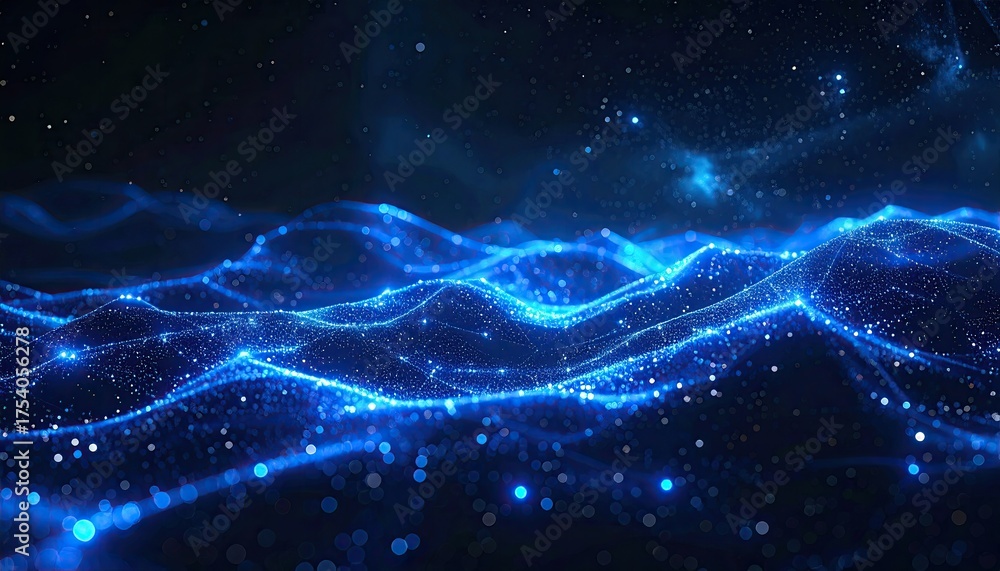 Abstract Blue Digital Waves With Glowing Particles Overlayed On A Dark ...