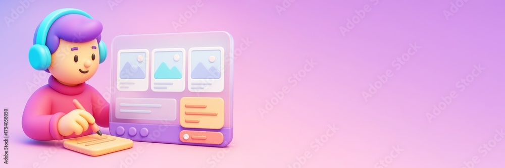 3D cartoon character designing website interface with stylus on digital ...