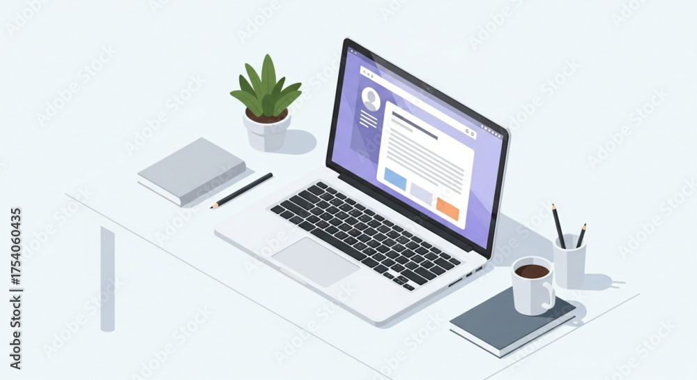 Isometric laptop with a profile page on a white desk with a plant, notebook, pen, coffee