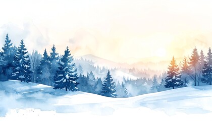 Wall Mural - Serene winter landscape with snow-covered trees under a soft sunrise, evoking tranquility and peace