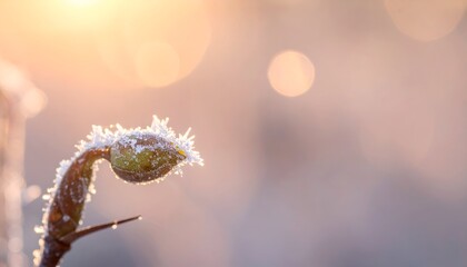Wall Mural - Frost-covered bud glistens in soft morning light, surrounded by a dreamy, blurred winter landscape