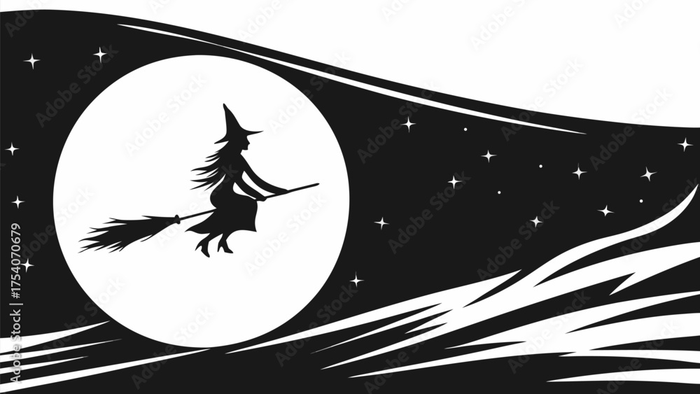 Spooky Halloween night scene with a witch flying on her broom across a ...